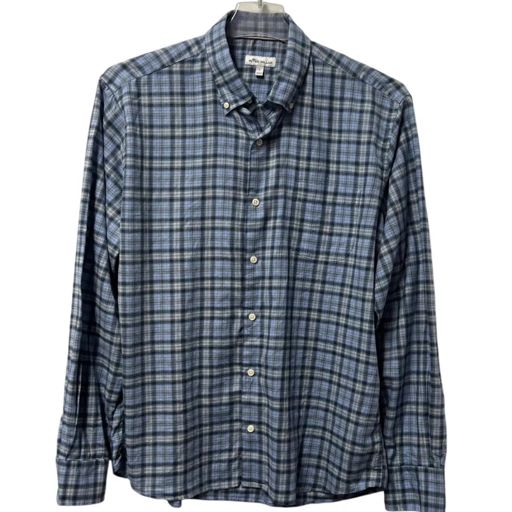 PETER MILLAR Men's Large Blue Plaid Long Sleeve Soft Cotton Button Down Shirt